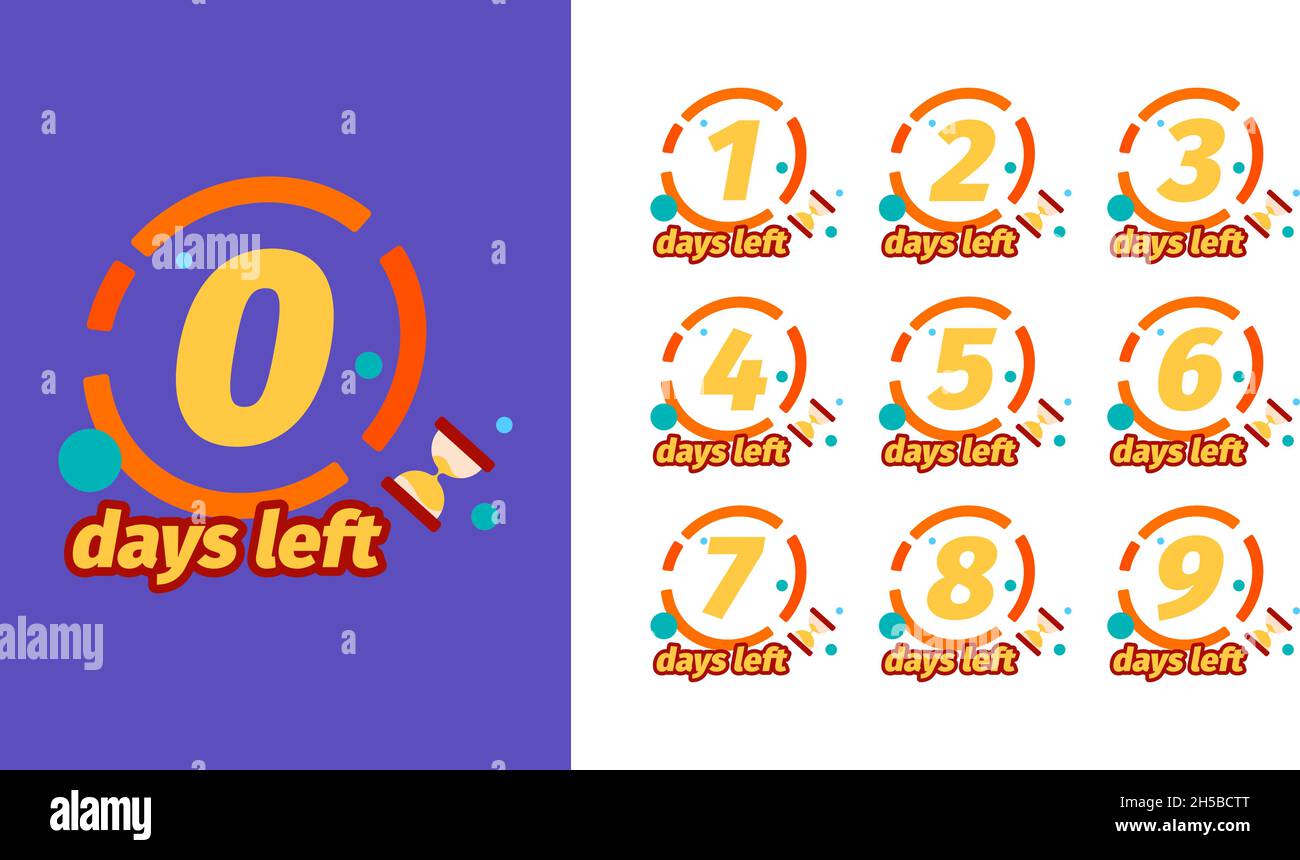 Jours restants.Badges design avec compteur de jours minuteur semaines 1 un deux trois soldes compte à rebours 8 ou 5 modèles de vecteur de garish Illustration de Vecteur