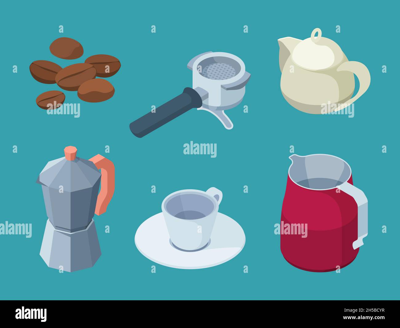Produits à café.Barista équipement professionnel machine à café boissons chaudes tasses espresso noir haricots naturels grenat illustrations isométriques vectorielles Illustration de Vecteur