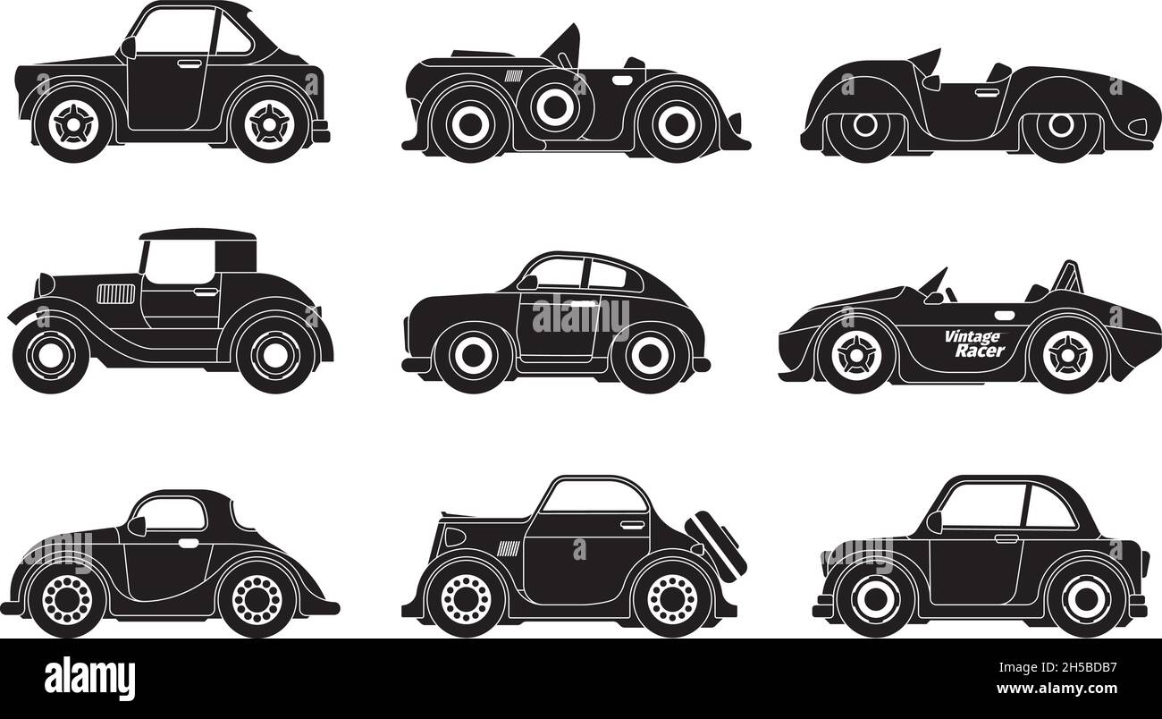 Silhouettes de voitures rétro.Collection historique de symboles stylisés noirs de véhicules de transport urbain garish Illustration de Vecteur