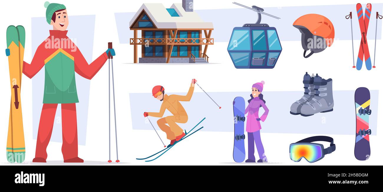 Station de ski.Noël hiver village neige activités dans les alpes vacances paysage sentiers dans la montagne vecteur exact des images plates des symboles de la station de ski Illustration de Vecteur