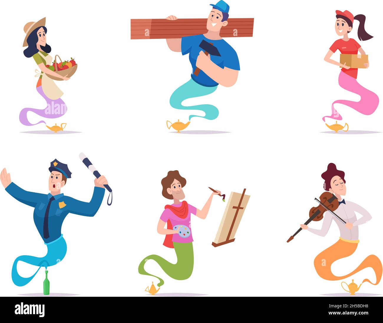 Génie du conte de fées.Personnages fantaisie mâle femme vivant dans lampe de conte de fées ou bouteille créatures diverses poses d'action et professions vecteur exact Illustration de Vecteur