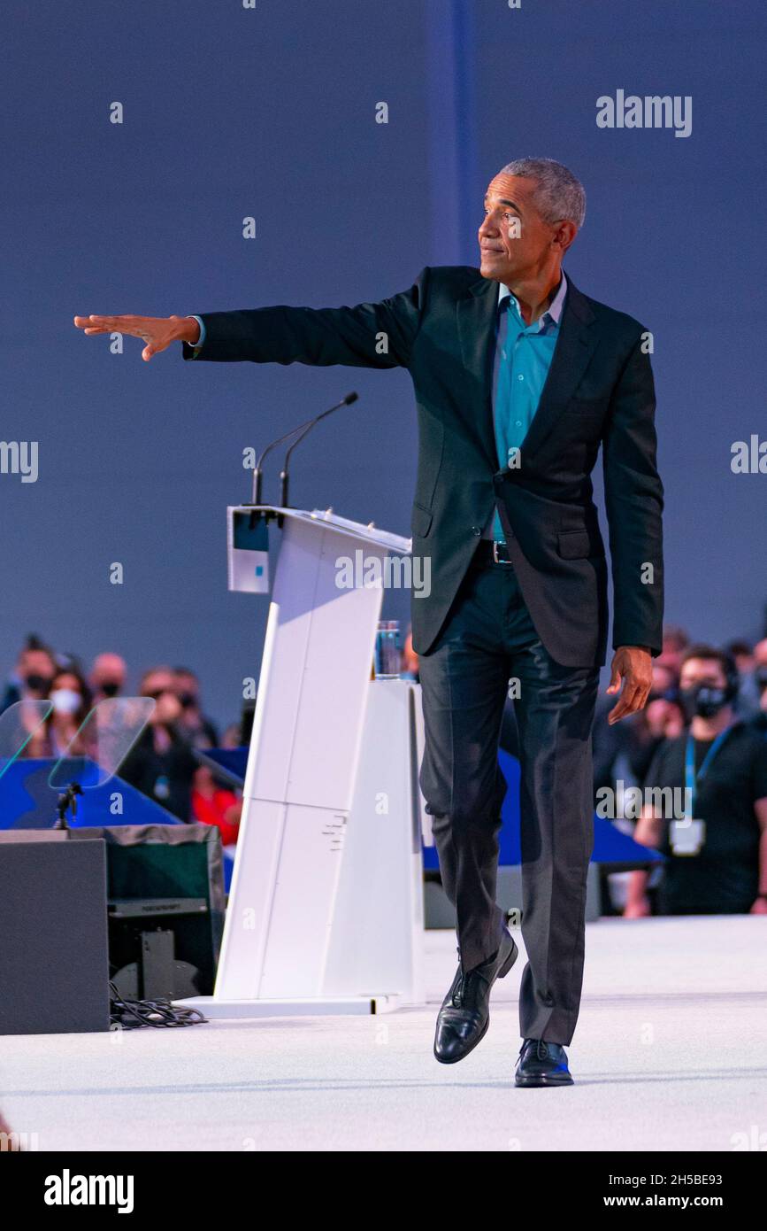 Glasgow, Écosse, Royaume-Uni.8 novembre 2021.L'ancien président américain Barack Obama s'adresse aujourd'hui aux délégués à la conférence des Nations unies sur le changement climatique COP26 à Glasgow.Iain Masterton/Alay Live News. Banque D'Images