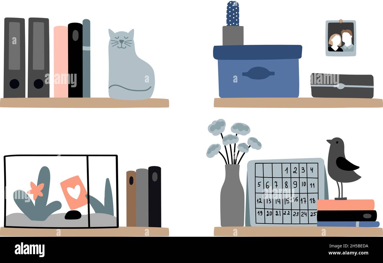 Étagères diverses.Maison décoration de bibliothèque, intérieur scandinave chaleureux éléments de design.Livres, fleur chat boîtes vecteur ensemble Illustration de Vecteur