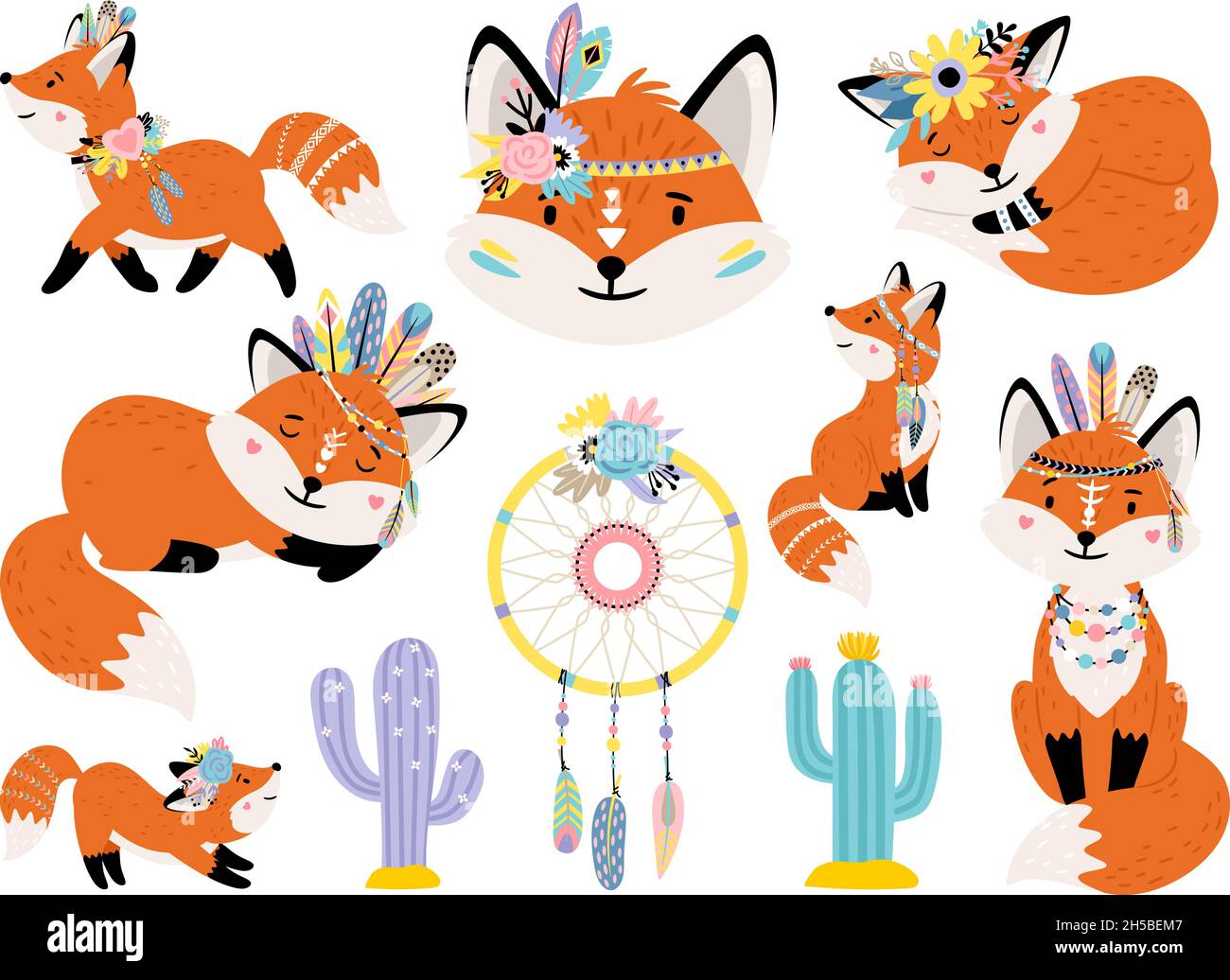Renards et dreamcatcher.Animaux de la forêt de dessins animés avec des décorations indiennes sur la tête, illustration vectorielle de mammifères drôles avec des queues mignonnes isolées sur fond blanc Illustration de Vecteur