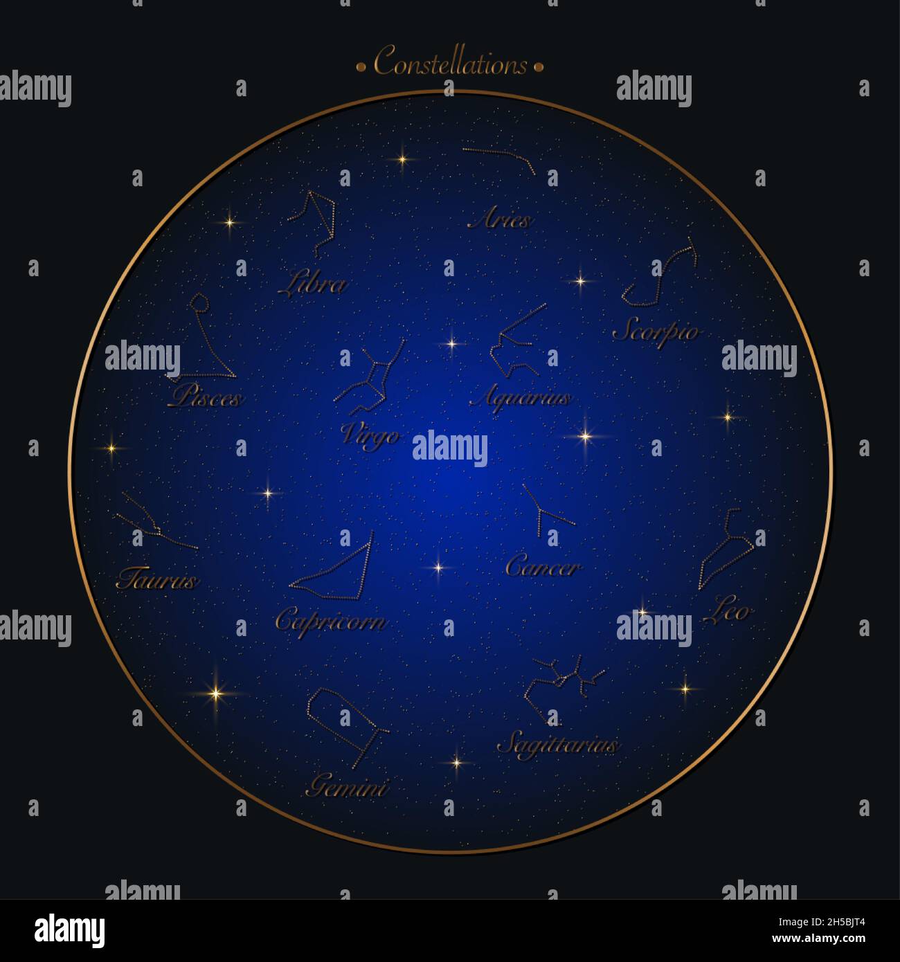 Roue de zodiaque de constellations ensemble de signes, illustration vectorielle.Symboles astrologiques avec effet dégradé doré. Étoiles sur fond de carte de ciel de nuit Illustration de Vecteur