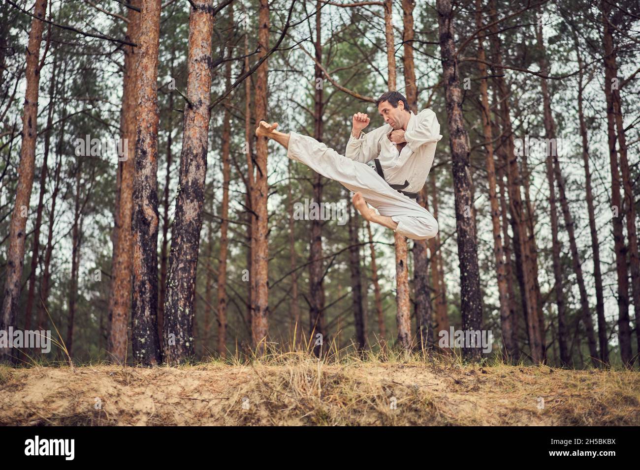 Carate homme dans un vieux kimono et ceinture noire entraînement saut latéral coup de pied à la forêt de pins.Concept des arts martiaux.Forêt de pins à l'arrière-plan. Banque D'Images