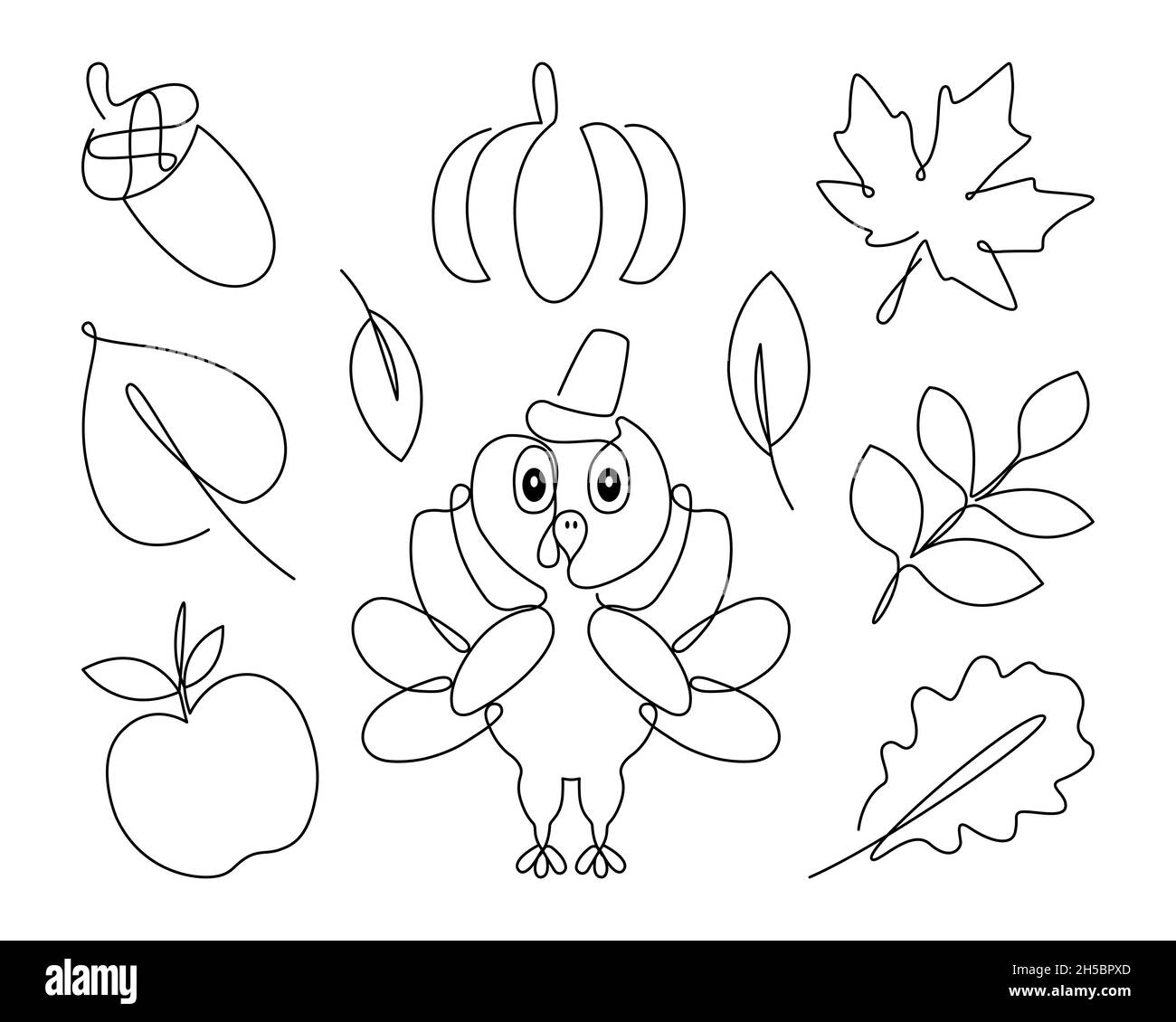Mise en place de la ligne de ThanksgivingIllustrations vectorielles simples : dinde, corne, citrouille, pomme, feuilles d'automne.Isolé sur fond blanc. Illustration de Vecteur