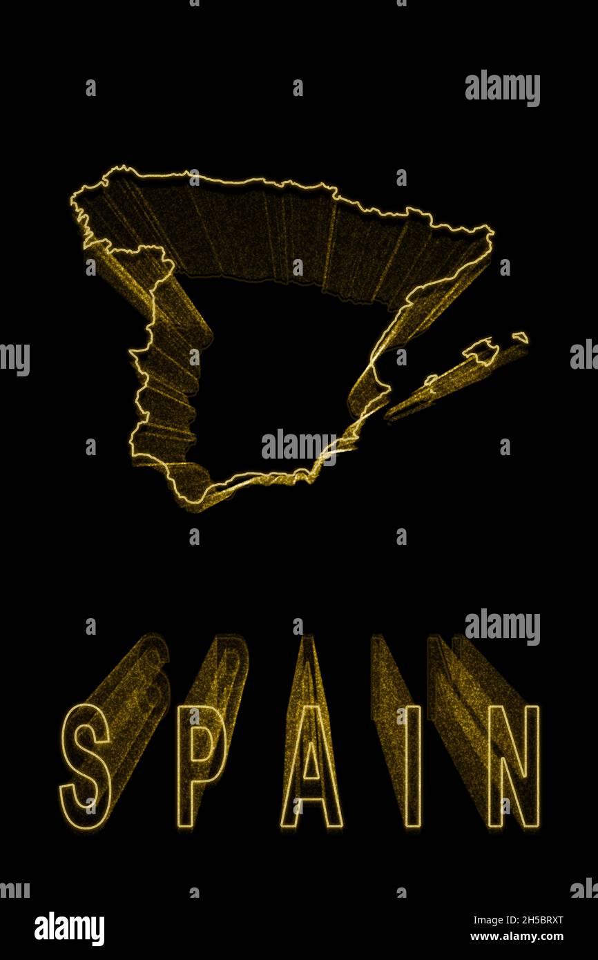 Carte d'Espagne, carte d'or sur fond noir, effet d'or Banque D'Images