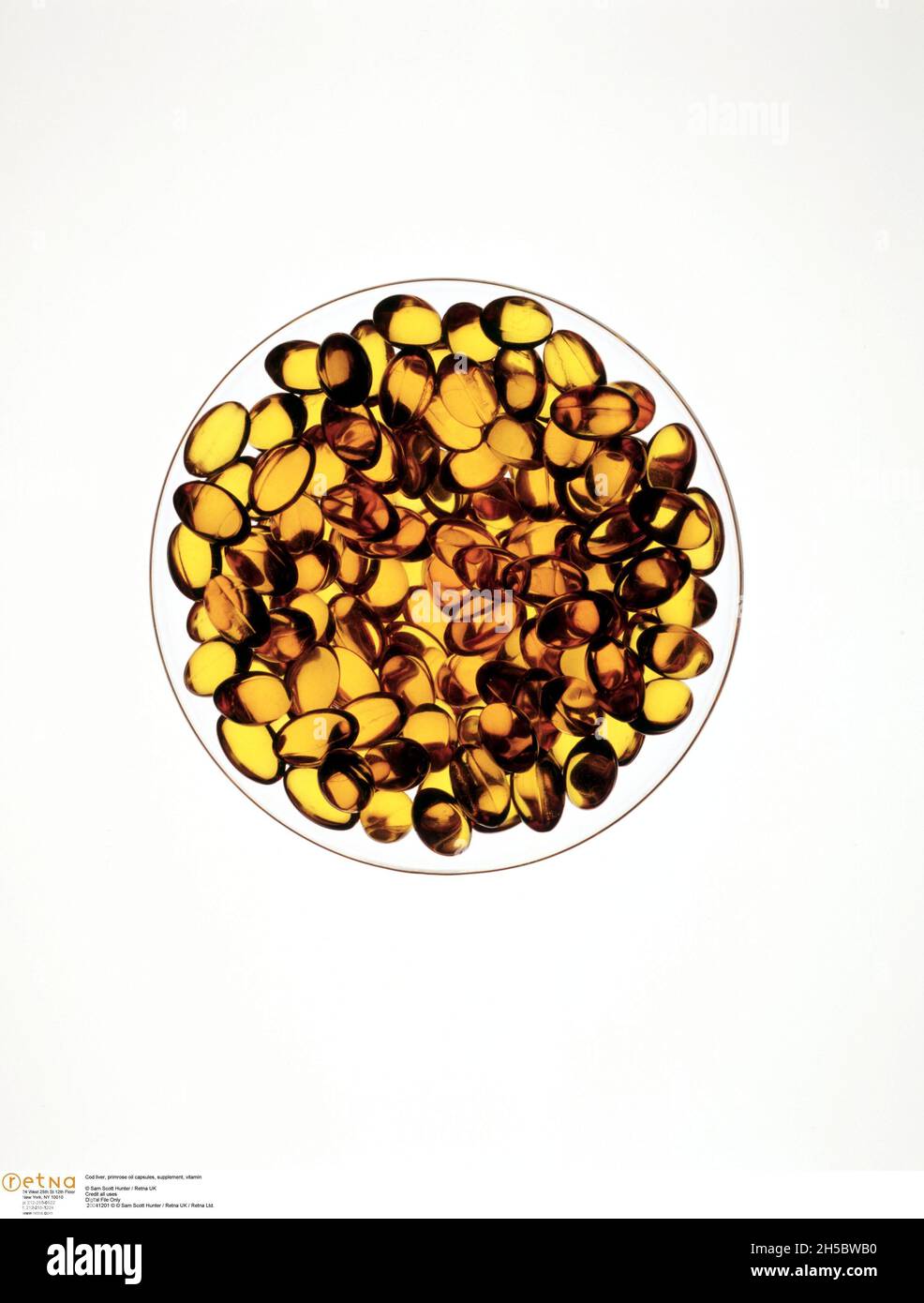 Foie de morue, capsules d'huile d'onagre, supplément, vitamine, crédit:S Hunter / Avalon Banque D'Images