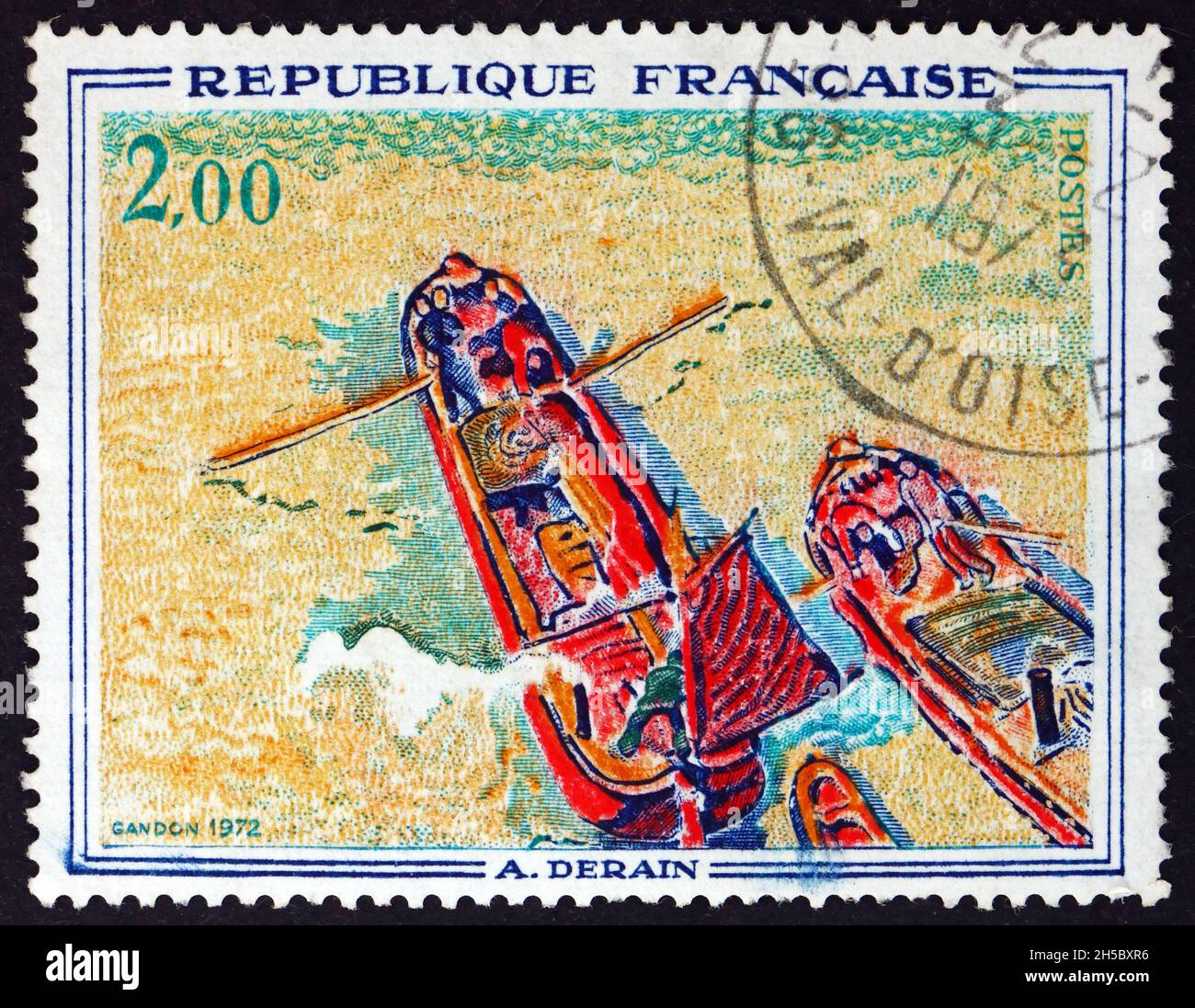 FRANCE - VERS 1972 : un timbre imprimé en France montre des bateaux, peinture d'André Derain, peintre français, vers 1972 Banque D'Images