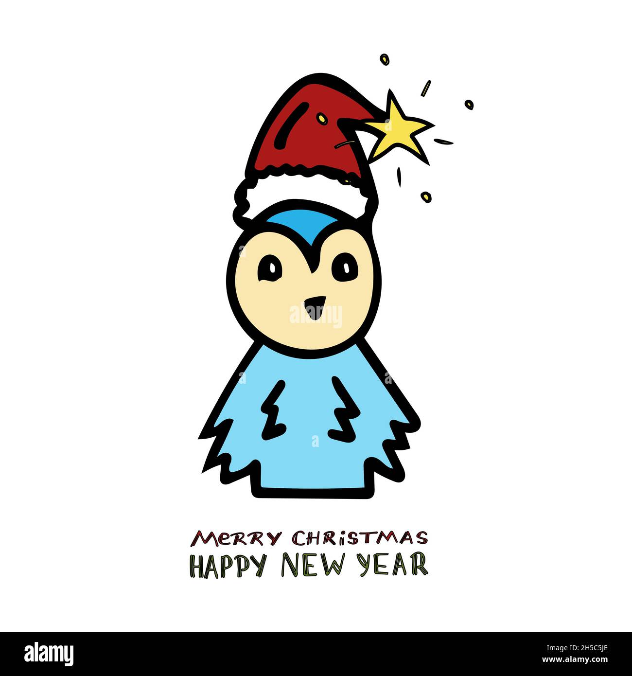 Pingouin bleu dans un chapeau rouge du nouvel an en style dessin animé avec des lettres Merry Christmas et Bonne Année. Illustration de Vecteur