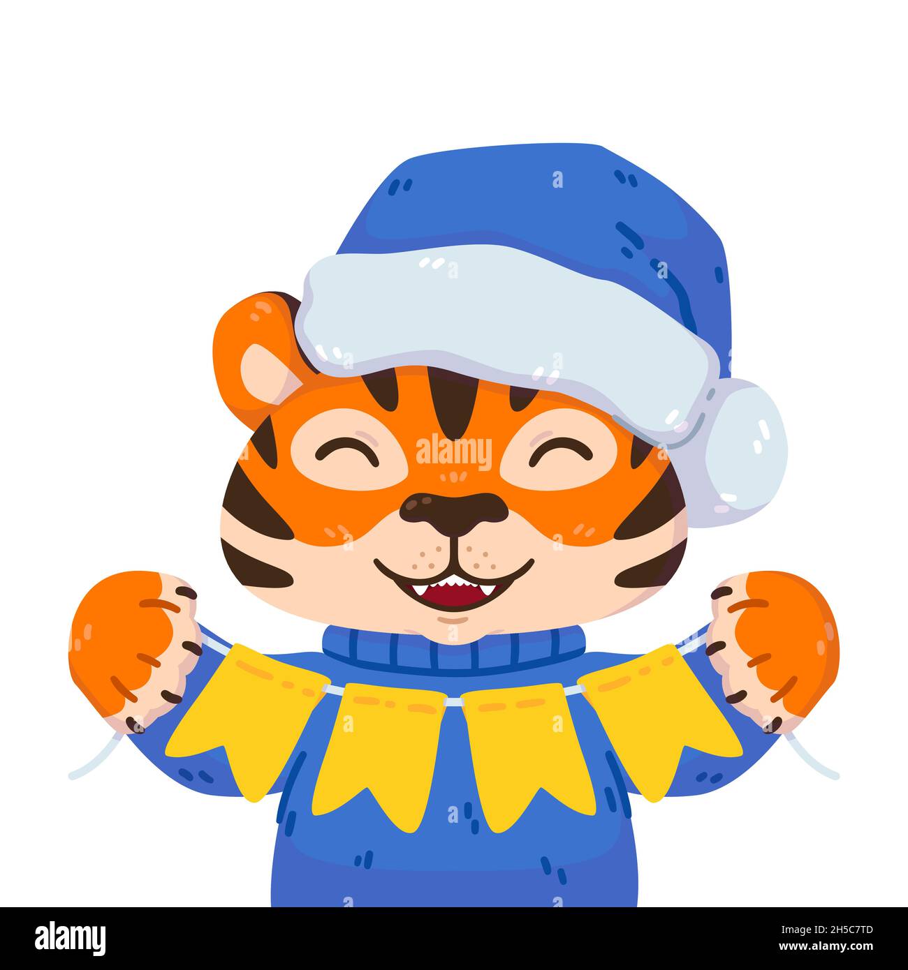 Tigre souriant avec chapeau de père noël, chandail chaud et drapeaux de guirlande festifs.Animal de zodiaque chinois.Symbole de la nouvelle année 2022, 2034.L'illustration vectorielle est Illustration de Vecteur