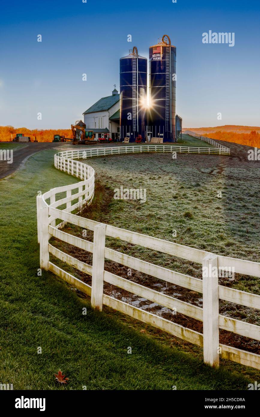 Bellvale Farms NY - une vue d'automne sur la ferme laitière avec le gel du feuillage d'automne et le brouillard en arrière-plan.Bellvale Creamery est la maison du meilleur homem Banque D'Images