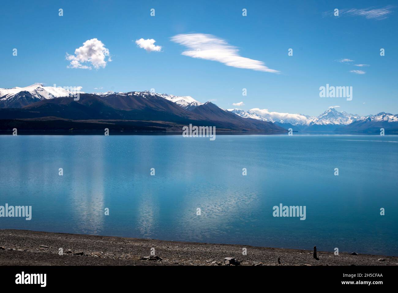 Lac Pukaki et Aoraki Mount Cook, la plus haute montagne de Nouvelle-Zélande, Alpes du Sud, MacKenzie Country, Canterbury, Île du Sud,Nouvelle-Zélande Banque D'Images