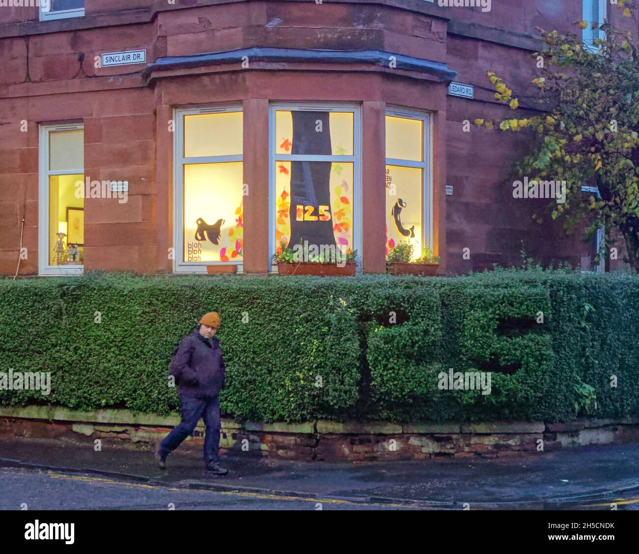 Glasgow, Écosse, Royaume-Uni 8 novembre 2021.Les concepts du thème du changement climatique ont été le thème moteur dans le champ de bataille de la ville qui se tient actuellement pendant la conférence cop26 coïncidente en même temps.La Wanderland d'hiver est une célébration croissante qui se déroule par intermittence au cours de l'année dans des quartiers définis au Royaume-Uni avec un thème décidé localement qui se traduit par des fenêtres avant artistiquement décorées « Covid-safe moyen de relier les gens, transformant les rues en galeries extérieures magiques ».Crédit Gerard Ferry/Alay Live News Banque D'Images