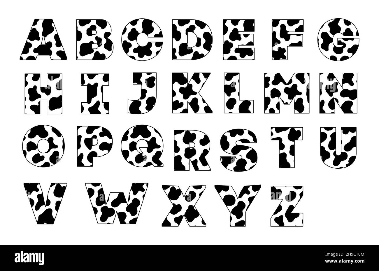 Police animale pour affiches.Taches de vache noir et blanc.Bétail Holstein.Alphabet rétro.Polices de caractères d'impression vintage, modifiables et superposés.Vector tendance Illustration de Vecteur