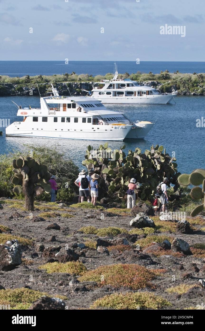 Excursion bateaux dans une baie et touristes sur Isla Plaza, Equateur, Galapagos , Isla Plaza Banque D'Images