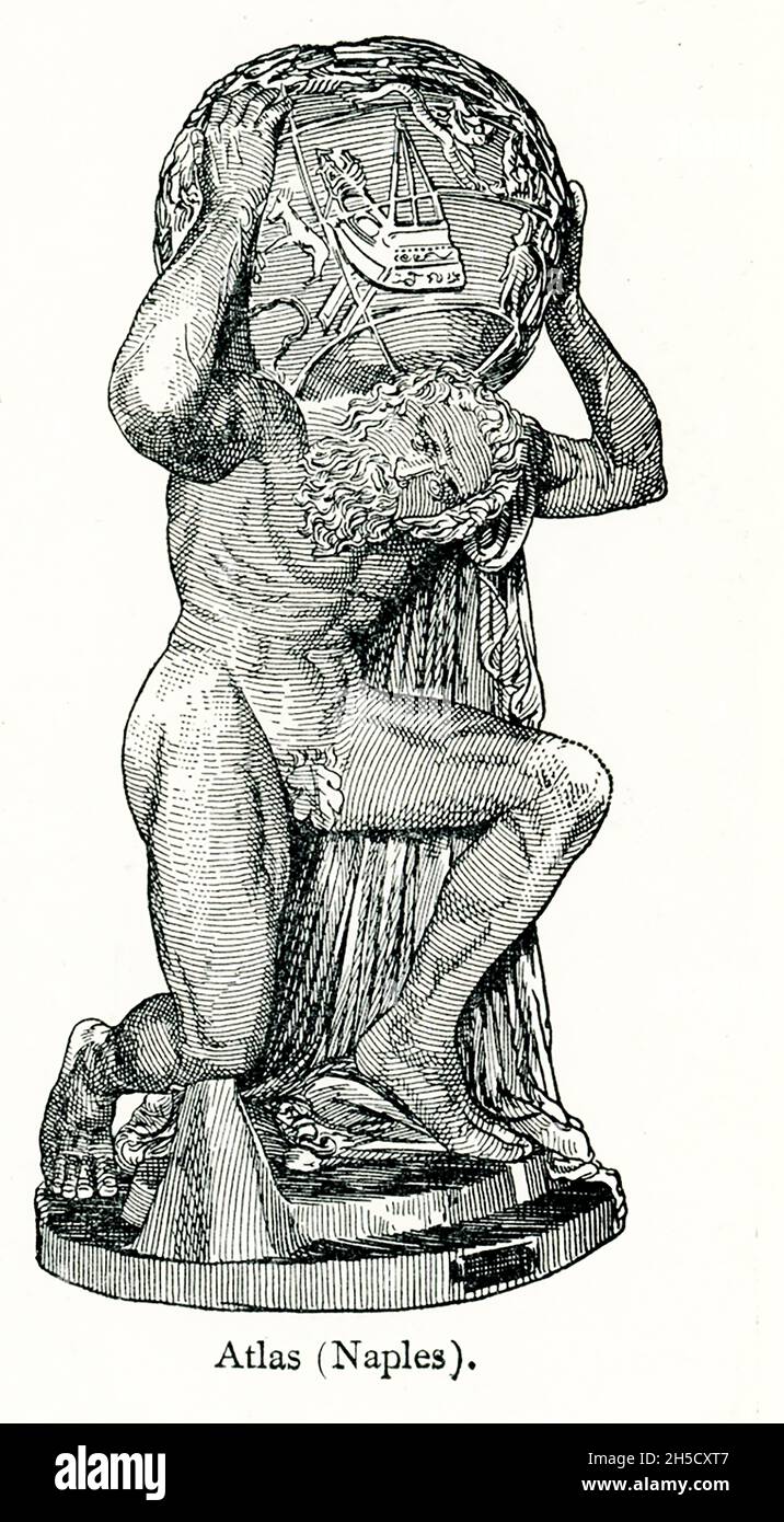 Atlas était le dieu Titan qui portait le ciel en altitude.Atlas était un chef des Titans dans leur guerre contre Zeus et après leur défaite, il a été condamné à porter les cieux sur ses épaules, comme vu ici dans cette statue, connue sous le nom d'Atlas farnais, une sculpture romaine en marbre du 2ème siècle AD de l'Atlas tenant un globe céleste.Probablement une copie d'une œuvre antérieure de la période hellénistique, c'est la plus ancienne statue existante de l'Atlas.La sculpture se trouve au Musée archéologique national de Naples, en Italie. Banque D'Images