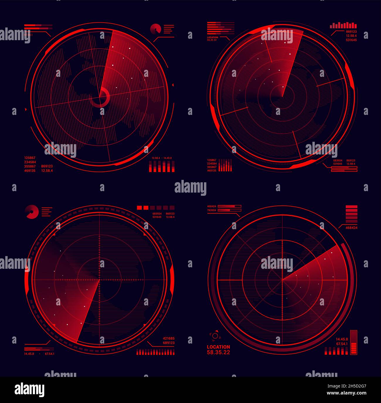 Affichage du radar militaire HUD ou du sondeur de la détection de cible, interface utilisateur ou interface graphique utilisateur.Système de navigation futuriste Affichage tête haute vectoriel avec radar au néon rouge gri Illustration de Vecteur