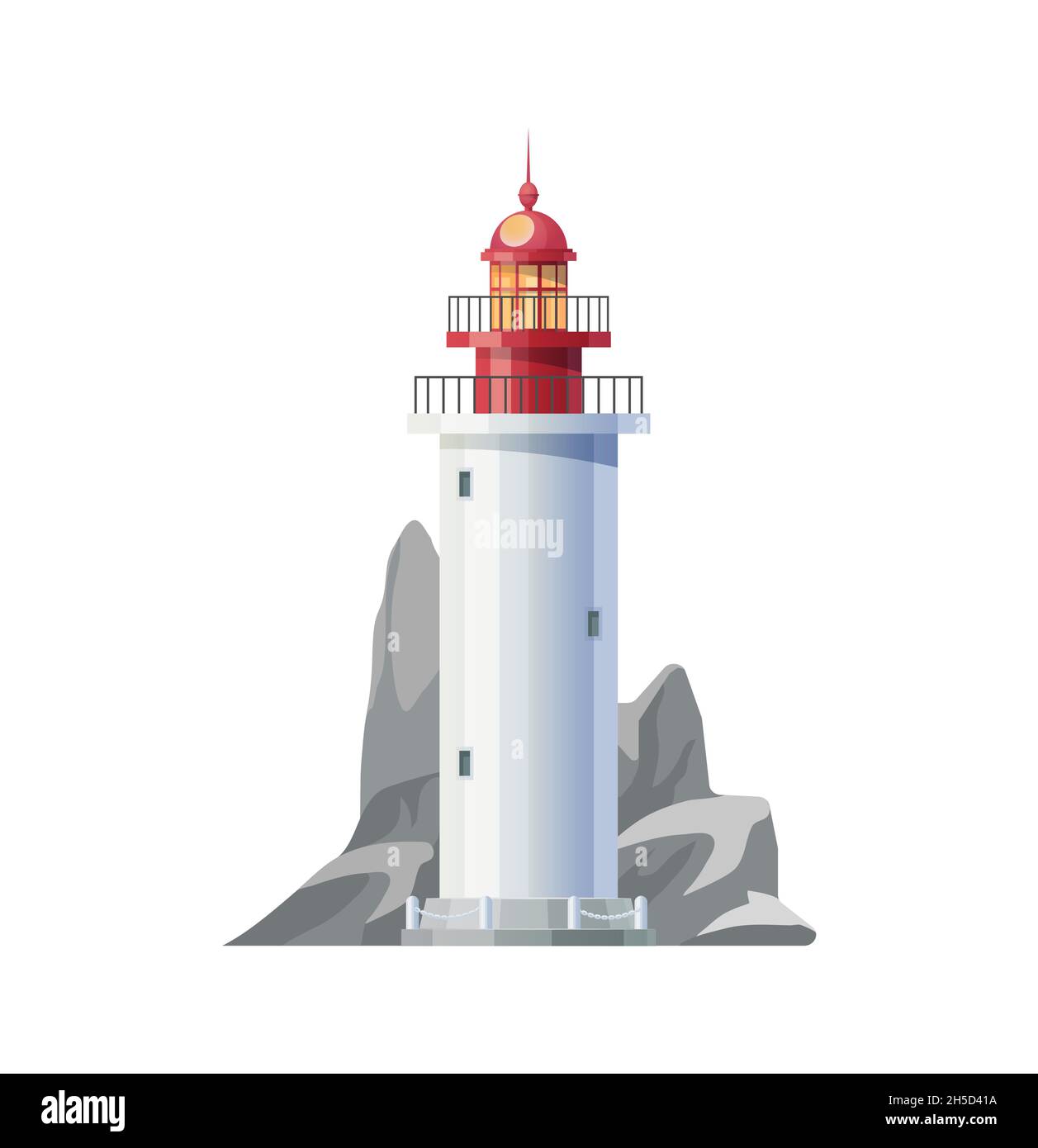 Phare de mer avec tour de balise de navigation nautique vectorielle.Phare de l'océan bâtiment isolé avec plage marine ou rochers de la côte côtière, à la recherche Illustration de Vecteur