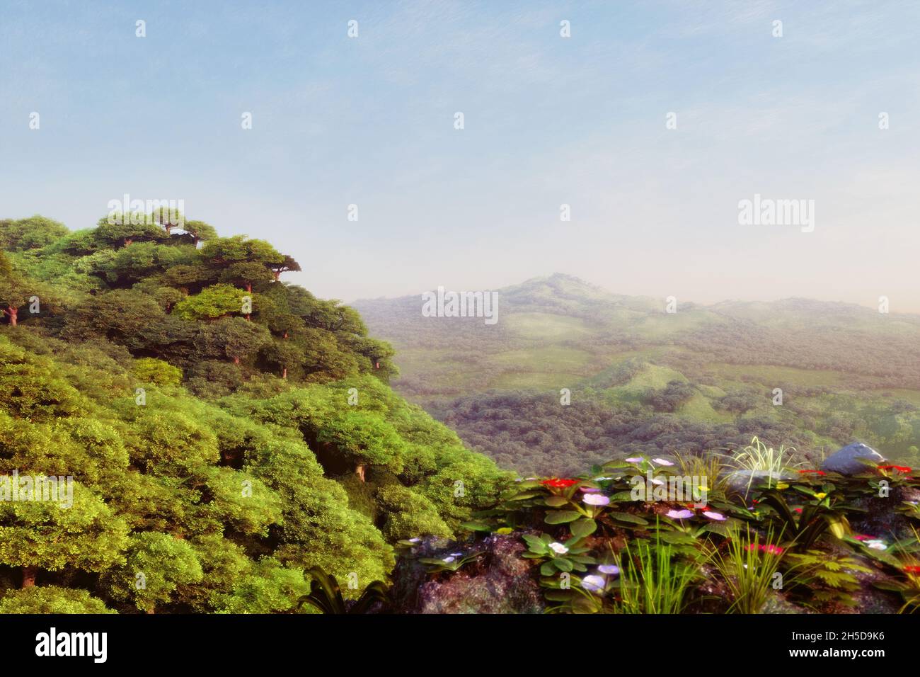 Rendu 3D d'un paysage de campagne et d'herbe verte fraîche sous le beau ciel Banque D'Images