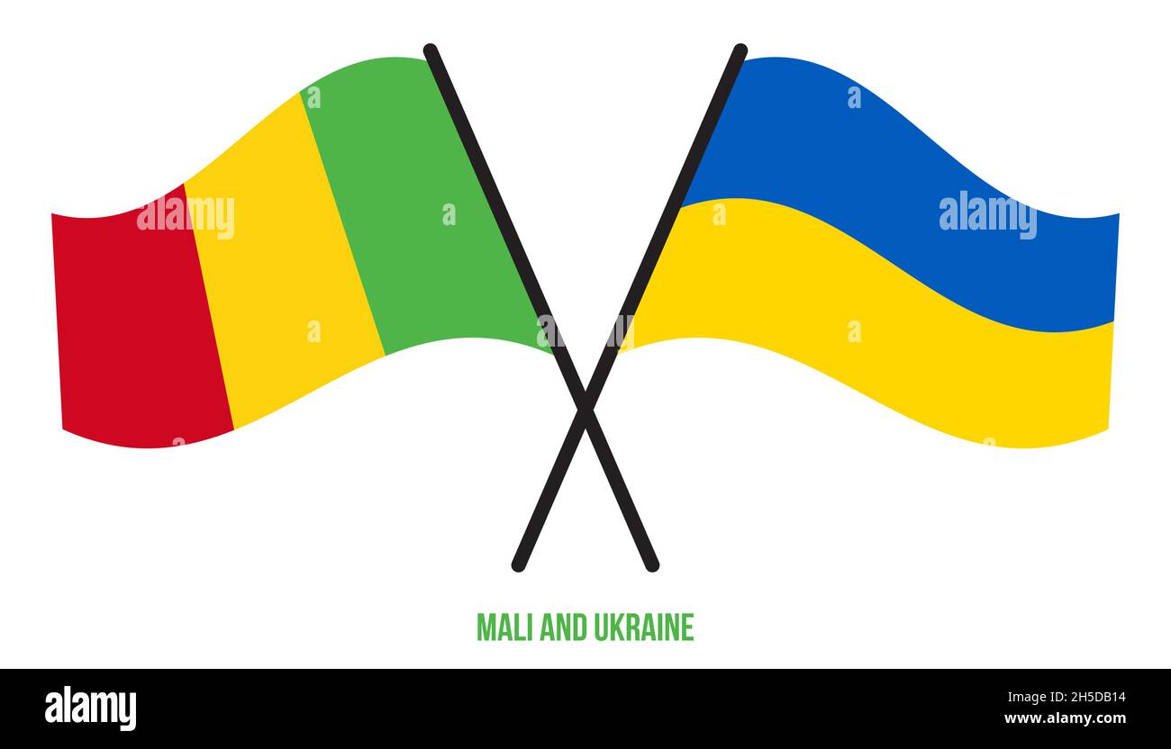 Mali et Ukraine drapeaux croisés et ondulant le style plat. Proportion officielle. Corriger les couleurs. Illustration de Vecteur