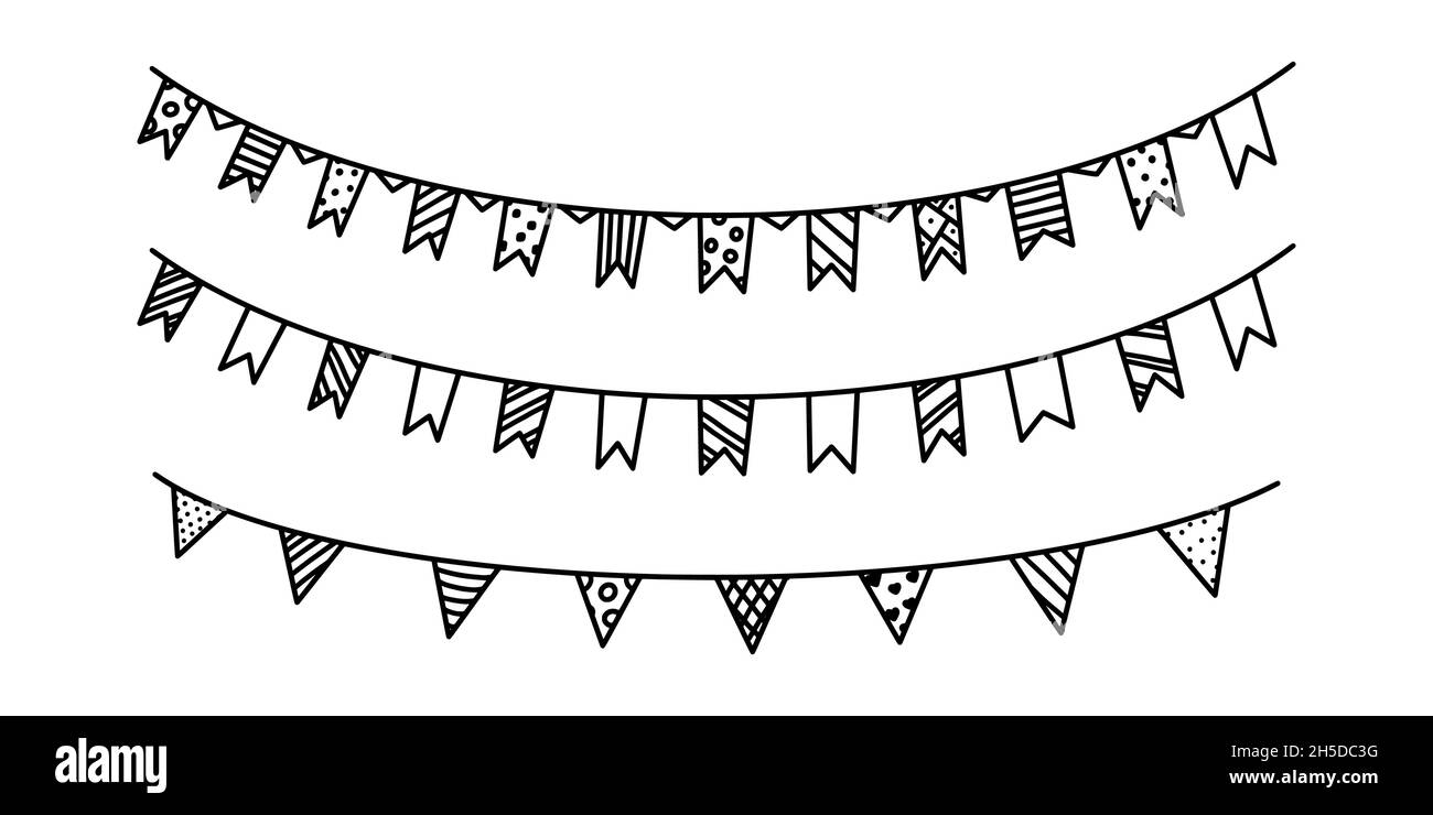 Guirlande avec drapeaux pour le carnaval ou la fête.Guirlande de décors isolée sur fond blanc.Illustration vectorielle en style doodle Illustration de Vecteur