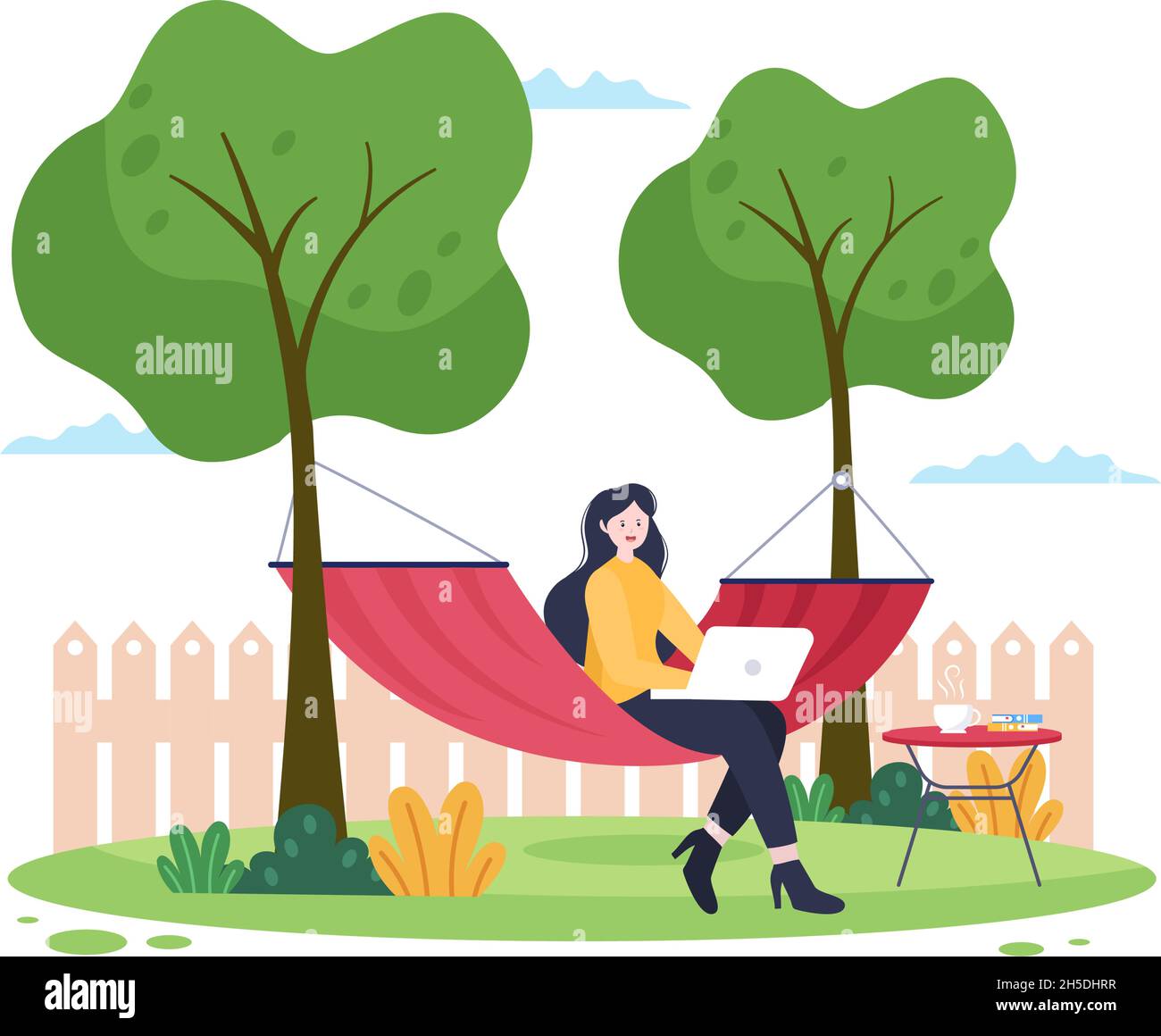 Les personnes qui se trouvent sur Hammock dans l'illustration du vecteur de dessin animé du parc à plat.Pique-nique en plein air entre deux arbres Illustration de Vecteur