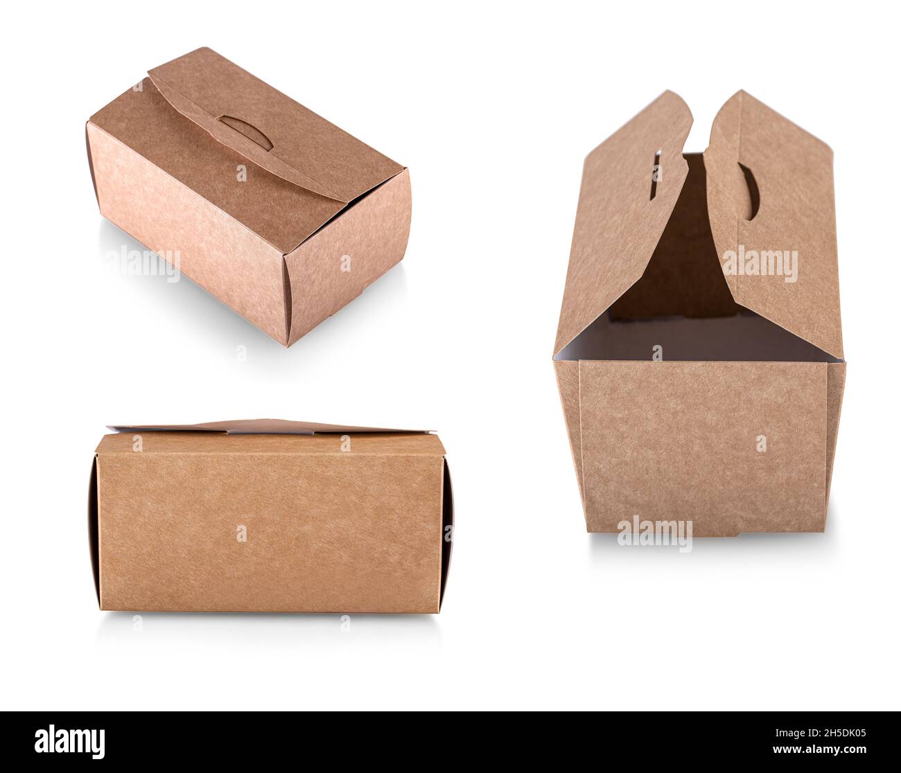 Ensemble de boîtes à nourriture en papier marron isolées sur fond blanc avec chemin de découpe Banque D'Images Ensemble de boîtes à nourriture en papier marron isolées sur fond blanc avec chemin de découpe Banque D'Images