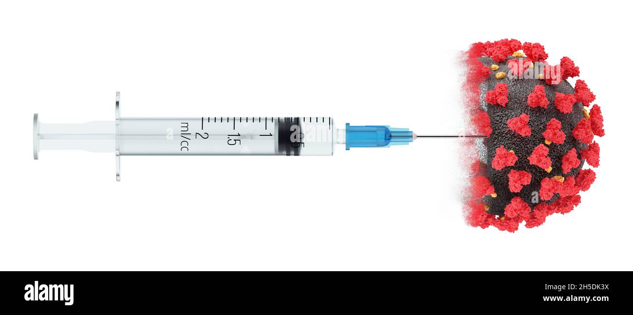 Visualisation de la destruction du virus SRAS-COV-2 (COVID19). Le virus nCoV se dissout après l'injection du vaccin.Une seringue avec le médicament. Banque D'Images