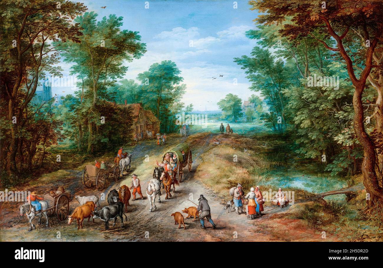 Jan Brueghel The Elder, Paysage boisé avec voyageurs, peinture, 1610 Banque D'Images