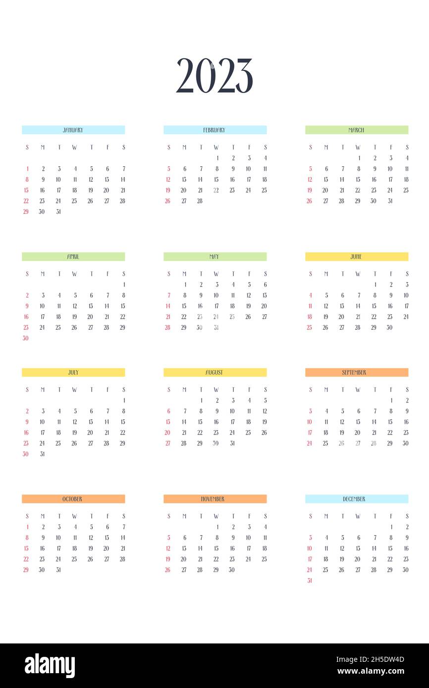 Exemple De Calendrier Mensuel 2023 Modèle De Calendrier 2023 Dans Un Style Classique Strict Avec Des Éléments  Multicolores.calendrier Mensuel Horaire Individuel Minimalisme Conception  Sobre Pour Les Affaires Image Vectorielle Stock - Alamy