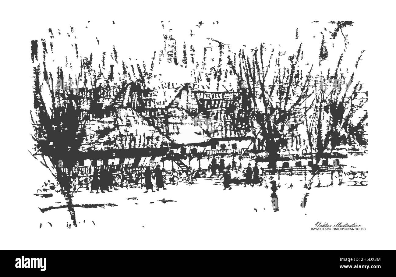 Dessin noir et blanc de la maison traditionnelle Batak Karo, nord de Sumatra Indonésie Illustration de Vecteur