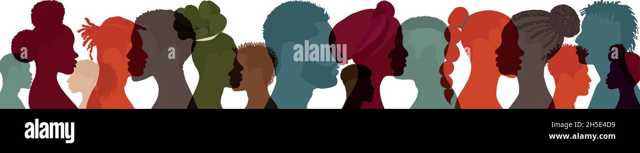 Égalité raciale et justice - notion d'identité.Silhouette visage tête dans le profil groupe ethnique des hommes et des femmes noirs africains et africains américains.Course Illustration de Vecteur