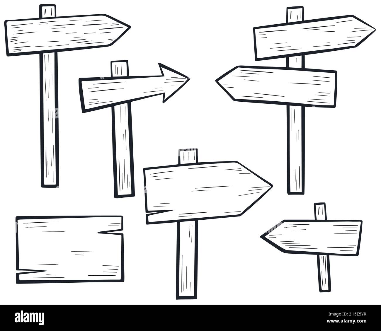 Ensemble de pointeurs en bois esquisse de dessin à la main.Collection d'affiches.Plaques vierges en bois sur les poteaux, la flèche et la forme.Ensemble de modèles pour le texte, vecteur i Illustration de Vecteur