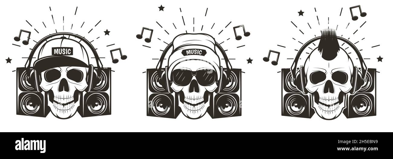 Jeu de crâne musical, illustration vectorielle dessinée à la main Illustration de Vecteur
