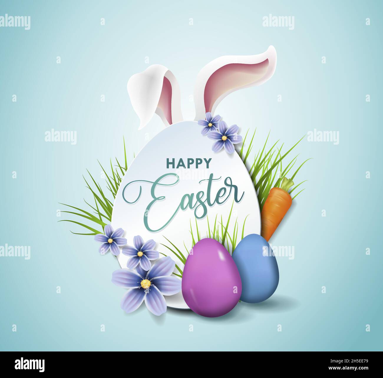 Prospectus Vector Easter Party Illustration avec œufs, oreilles de lapin et éléments typographiques sur fond bleu nature. Illustration de Vecteur