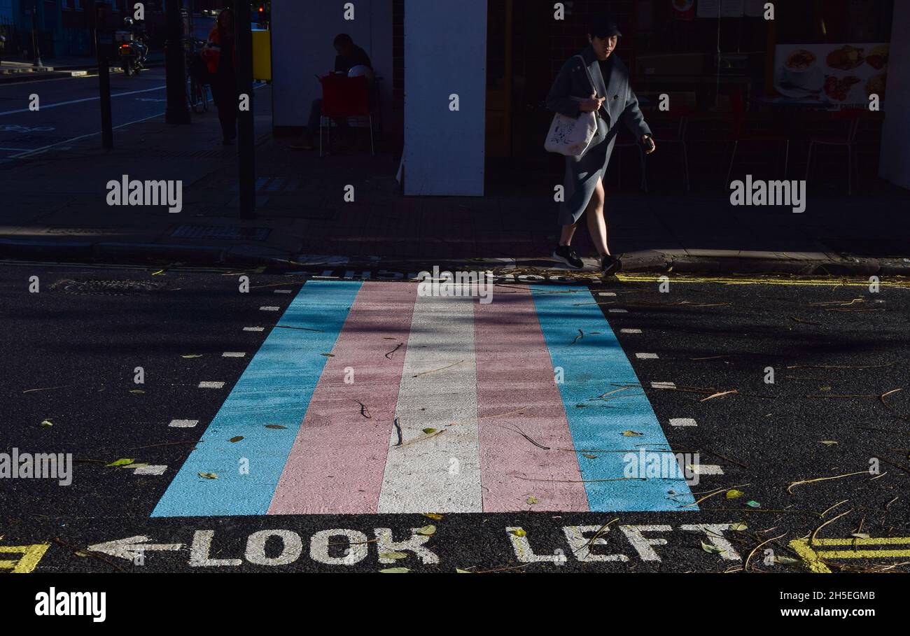 Londres, Royaume-Uni.9 novembre 2021.Quatre nouveaux passages à niveau aux couleurs du drapeau trans ont été dévoilés sur la rue Marchmont et la place Tavistock à Bloomsbury, pour soutenir la communauté trans.Credit: Vuk Valcic / Alamy Live News Banque D'Images