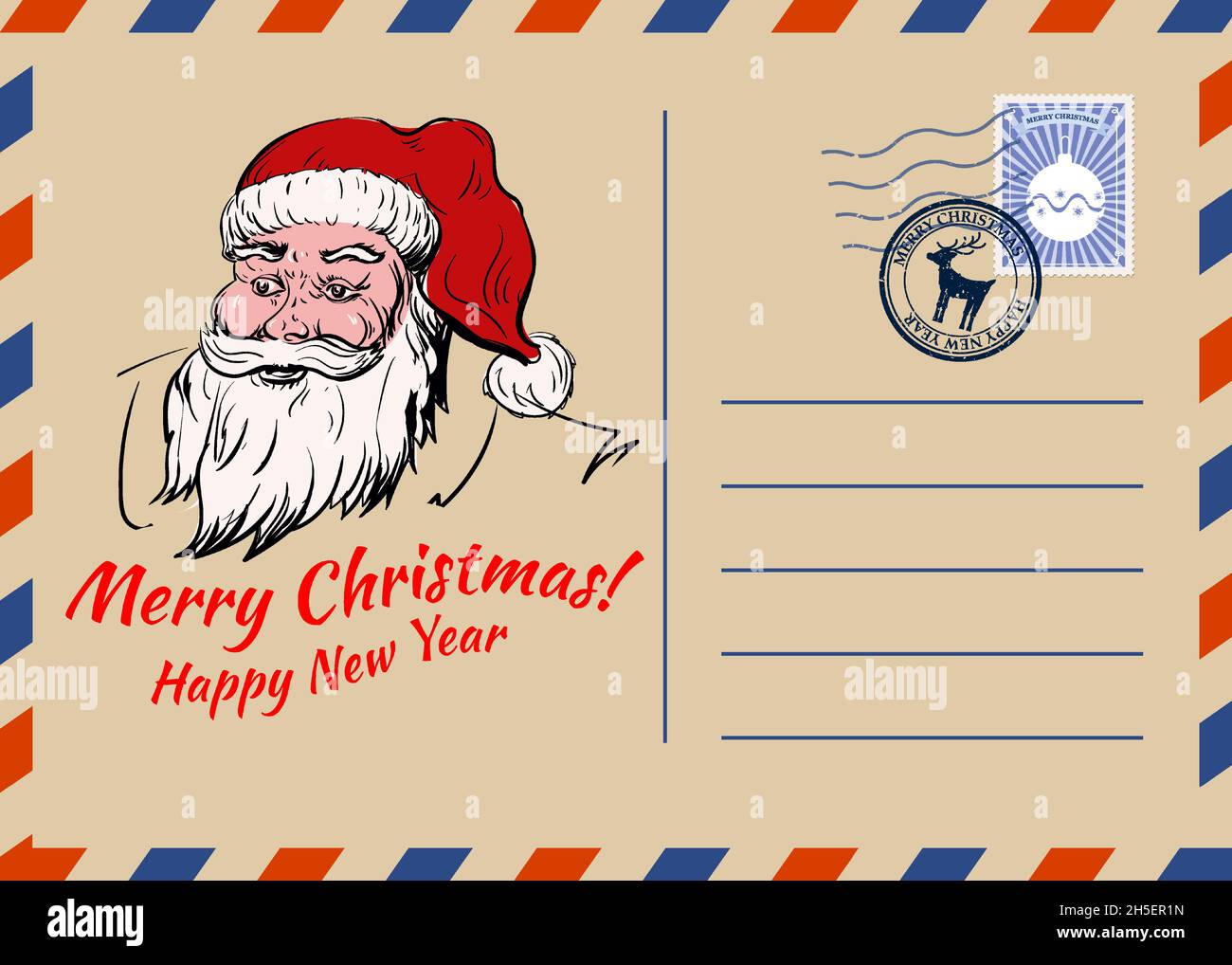 Noël et joyeux nouvel an salutation carte postale de vacances, portrait de Noël de Santa, arrière-plan vintage.Illustration vectorielle carte d'invitation rétro Illustration de Vecteur