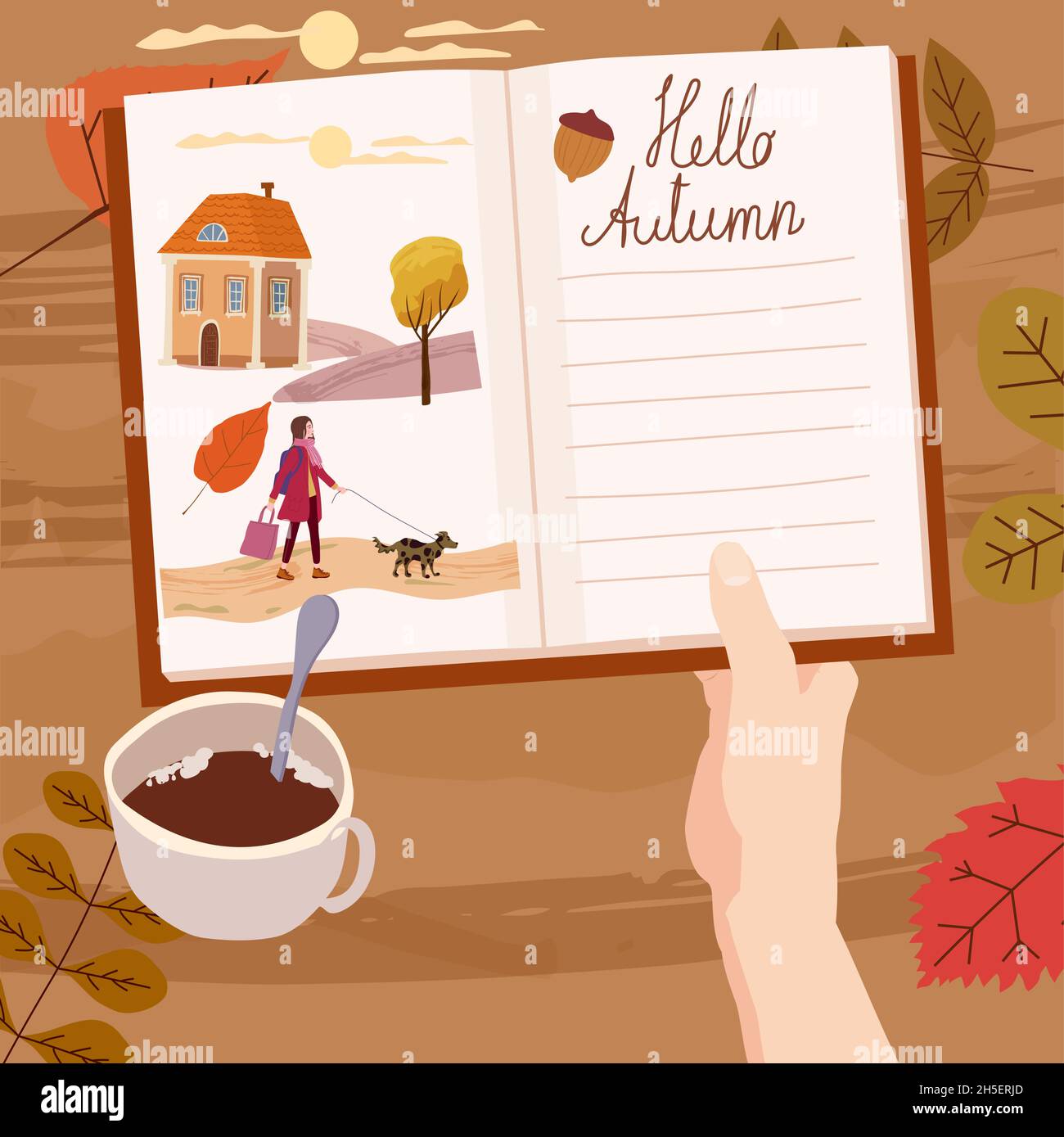 Main tenant un bloc-notes ouvert du Journal quotidien de l'automne, liste des horaires, objectifs, à faire, glands,feuilles d'automne, tasse à café.Planification et organisation personnelles Illustration de Vecteur