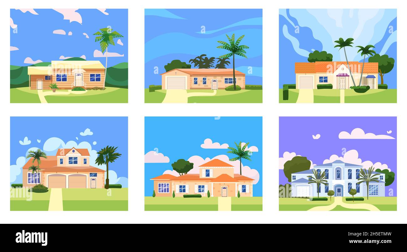 Définissez les bâtiments résidentiels dans le paysage des arbres tropiques, des palmiers.Façade de la maison façade avant architecture cottages familiaux maisons ou demeures Illustration de Vecteur