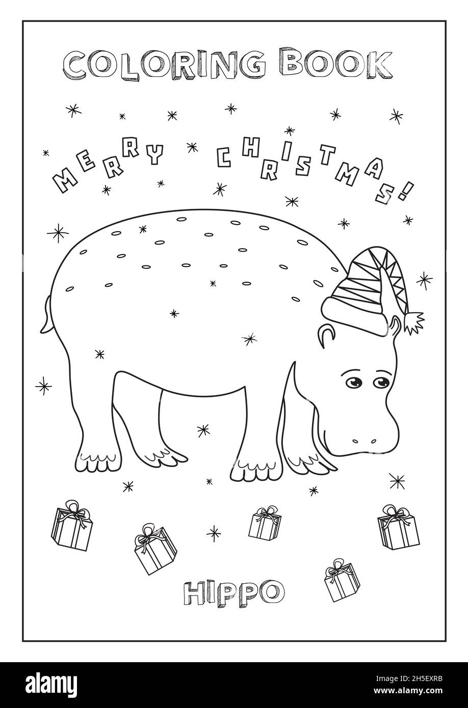 Livre de coloriage pour enfants Joyeux Noël!Avec Hippo, cadeaux et  neige.Prêt à imprimer, format de papier A4.Noir et blanc, en vecteur Image  Vectorielle Stock - Alamy