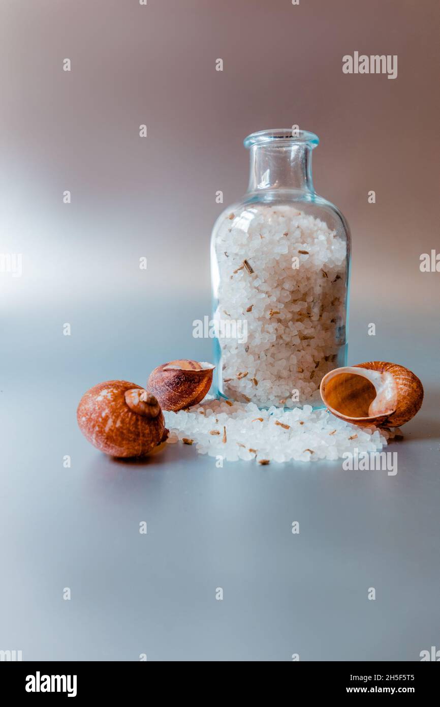 Un pot transparent de sel blanc de mer repose sur un fond métallique. Banque D'Images