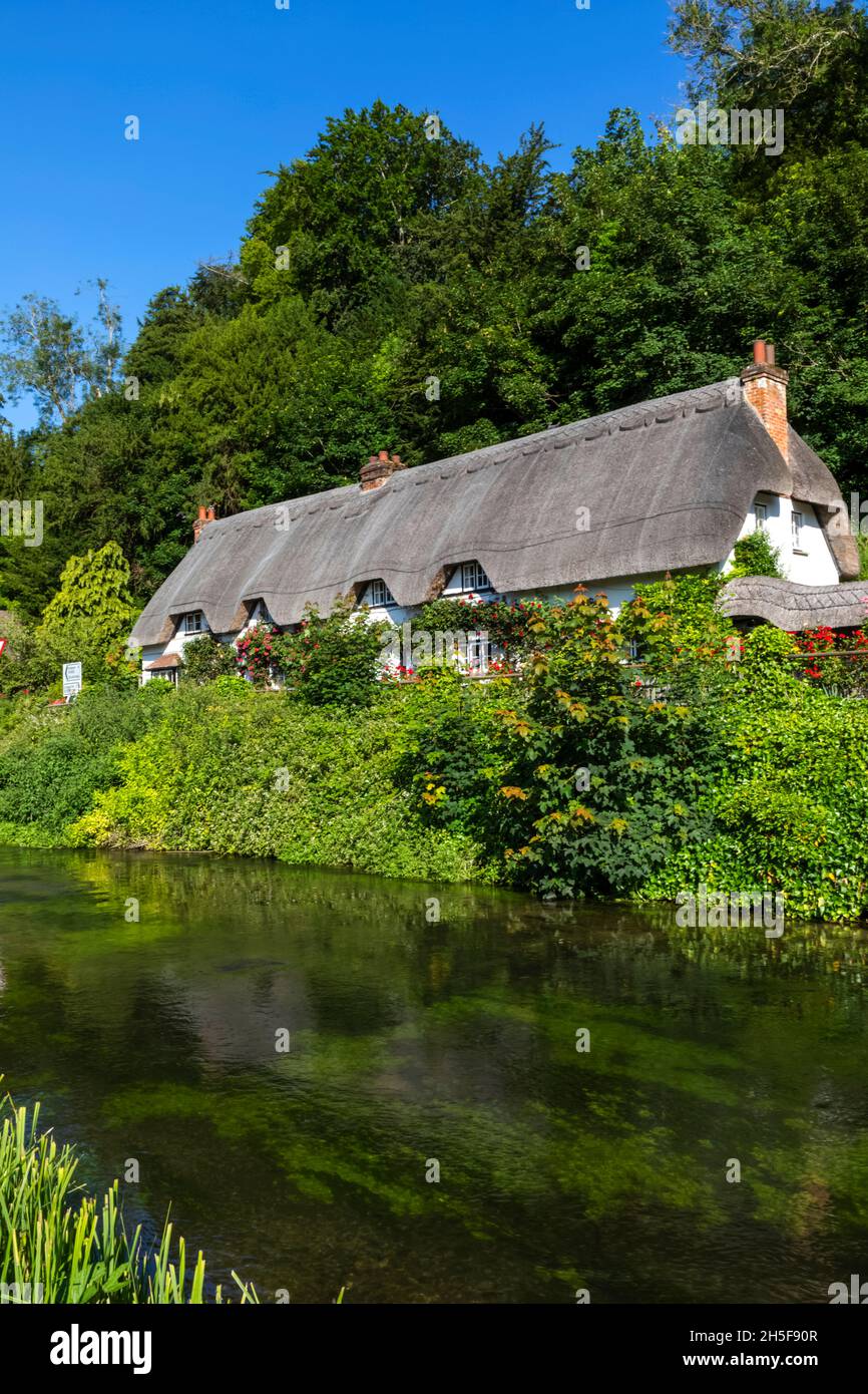 Angleterre, Hampshire, Test Valley, Wherwell, maison de campagne traditionnelle de chaume et River Test Banque D'Images