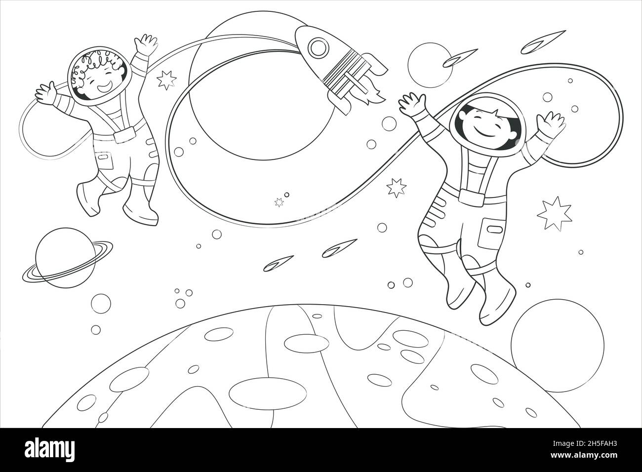 Livre de coloriage deux jeunes astronautes volent dans l'espace sur fond d'étoiles et de planètes.Illustration vectorielle de style dessin animé, noir et blanc Illustration de Vecteur