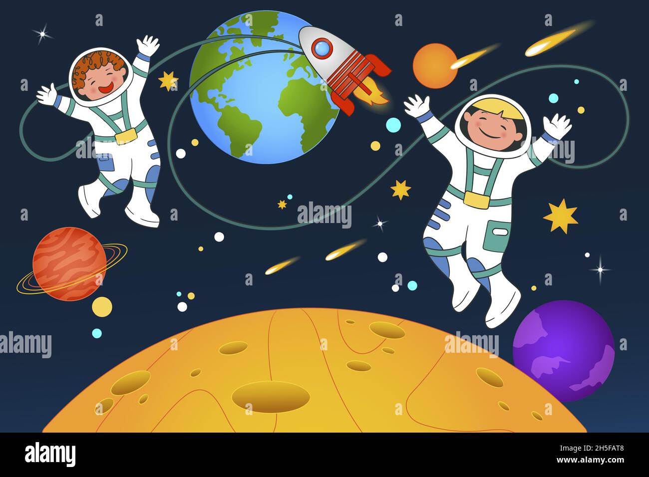 Deux jeunes astronautes cosmonautes volent dans l'espace sur fond d