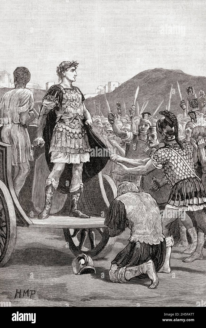 César reprend la loyauté des soldats mutinés de la 10e légion au Campus Martius, Rome, 47 B.C. Julius Ceasar, 100 B.C.- 44 C.-B. général et homme d'État romains.De l'Histoire universelle illustrée de Cassell, publié en 1883. Banque D'Images