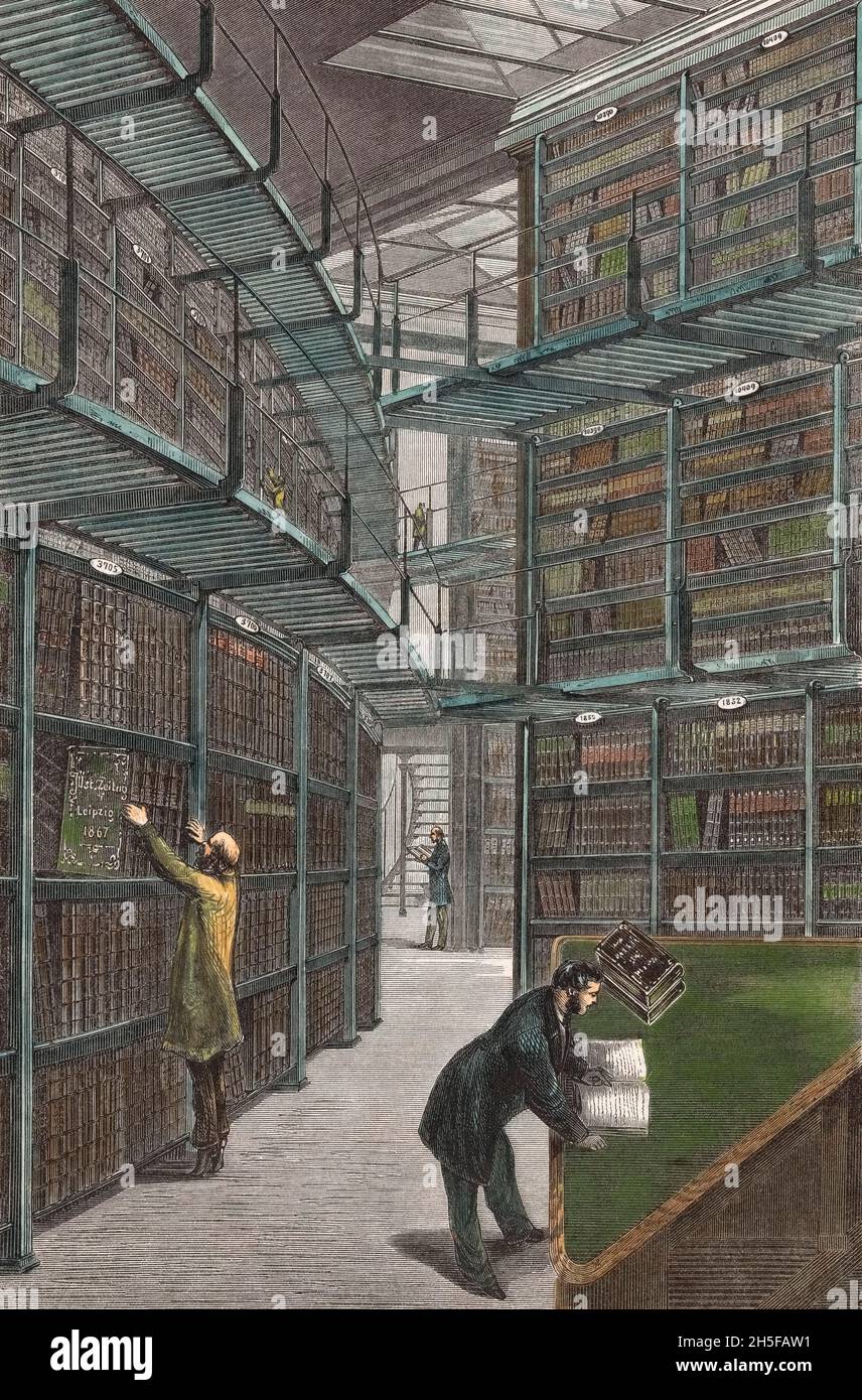 Bibliothèque au British Museum, Londres, Angleterre.Après une impression des années 1860 d'une œuvre de C. Dammann. Banque D'Images