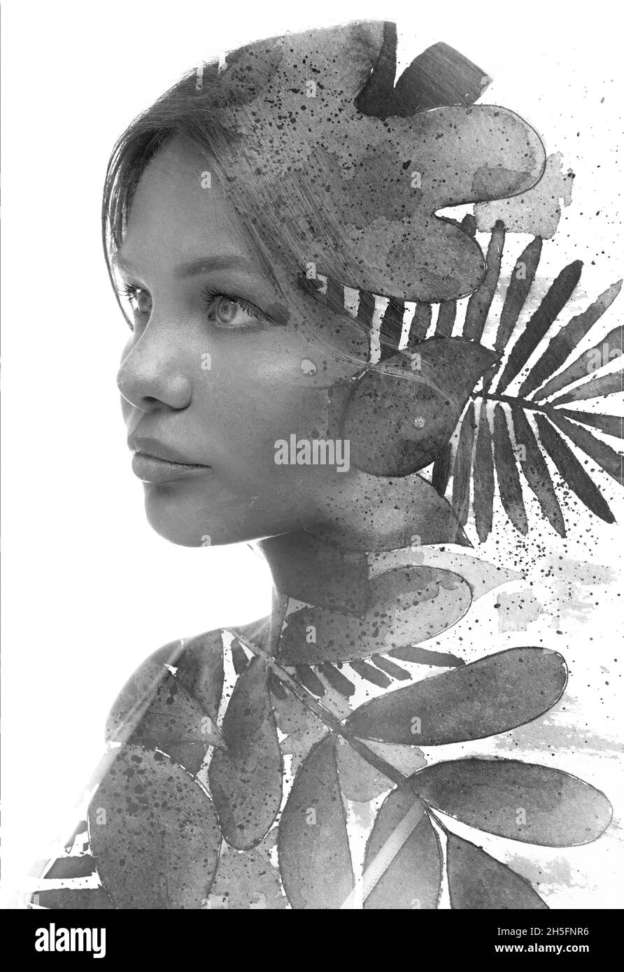 Peinture.Portrait noir et blanc combiné à une peinture à l'encre de plantes Banque D'Images