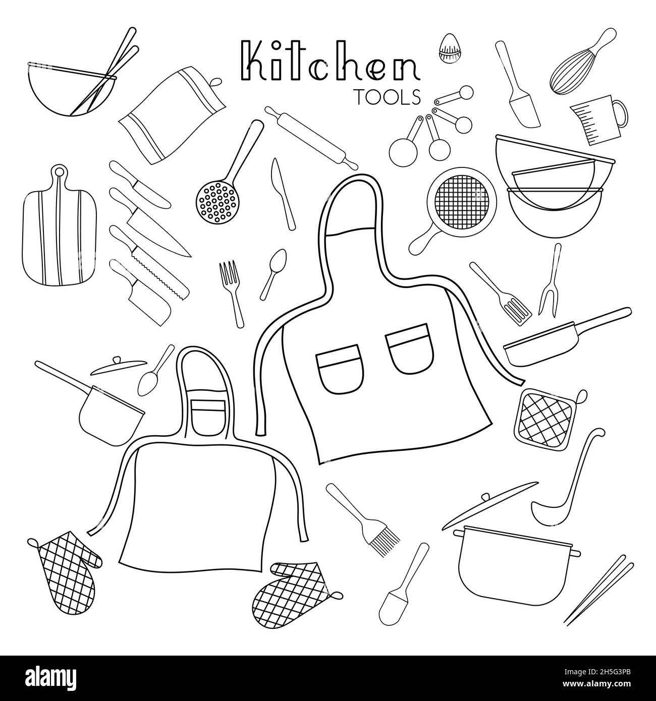 Ensemble d'outils de cuisine de différents ustensiles, ensemble de couverts, bols, maniques, tabliers,les couteaux, casseroles et poêles présentent un design simple et minimaliste Illustration de Vecteur